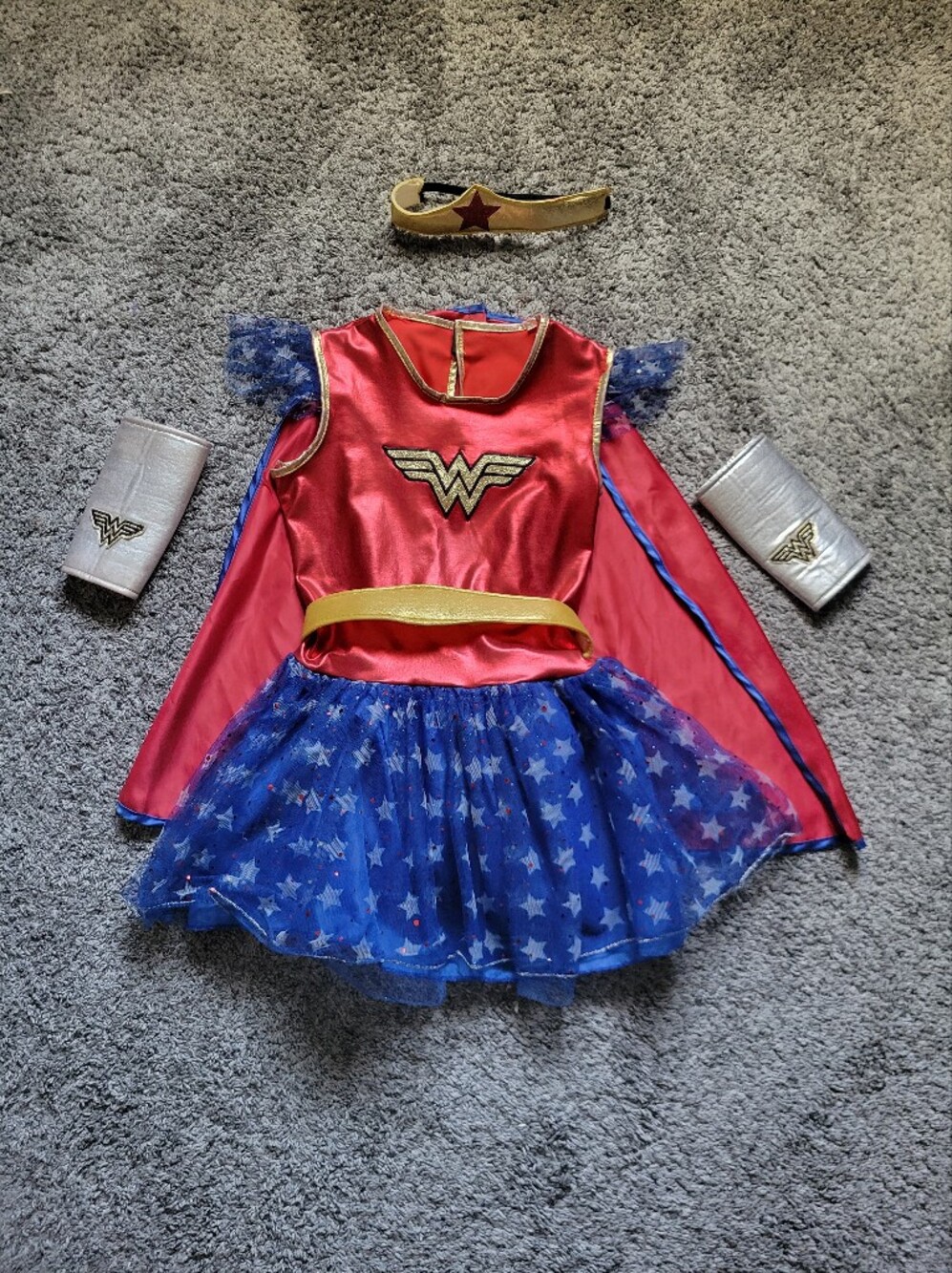 Kids Wonder Woman Inspired Costume Dress with Cape Size Medium = Size 5-8